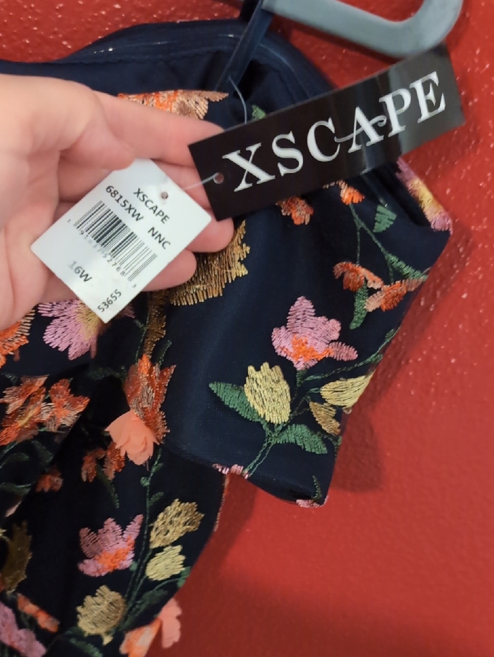 Xscape Navy Off-Shoulder Floral Dress with Pink and Coral Embroidery - Picture 2 of 5